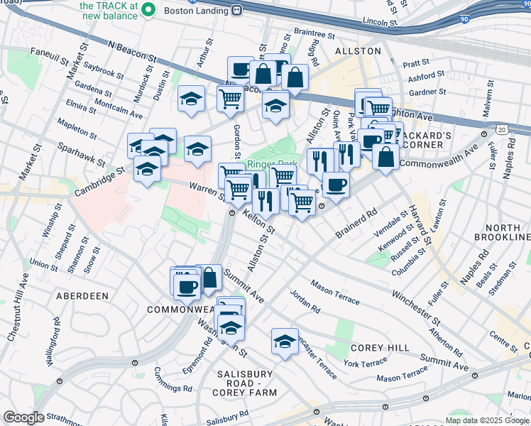 map of restaurants, bars, coffee shops, grocery stores, and more near 153 Kelton Street in Boston