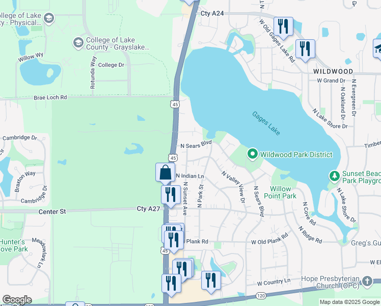 map of restaurants, bars, coffee shops, grocery stores, and more near 33428 North Sears Boulevard in Grayslake