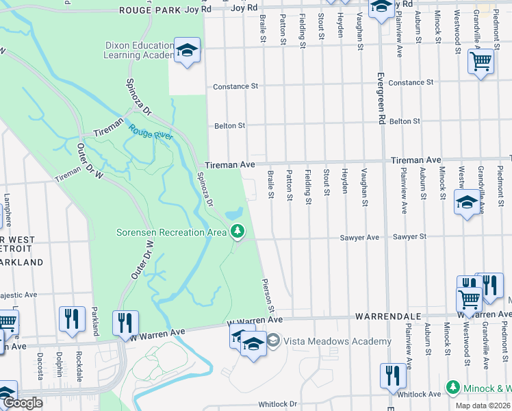 map of restaurants, bars, coffee shops, grocery stores, and more near 7690 Pierson Street in Detroit