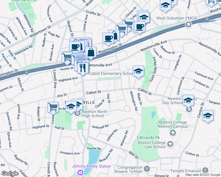 map of restaurants, bars, coffee shops, grocery stores, and more near 301 Cabot Street in Newton