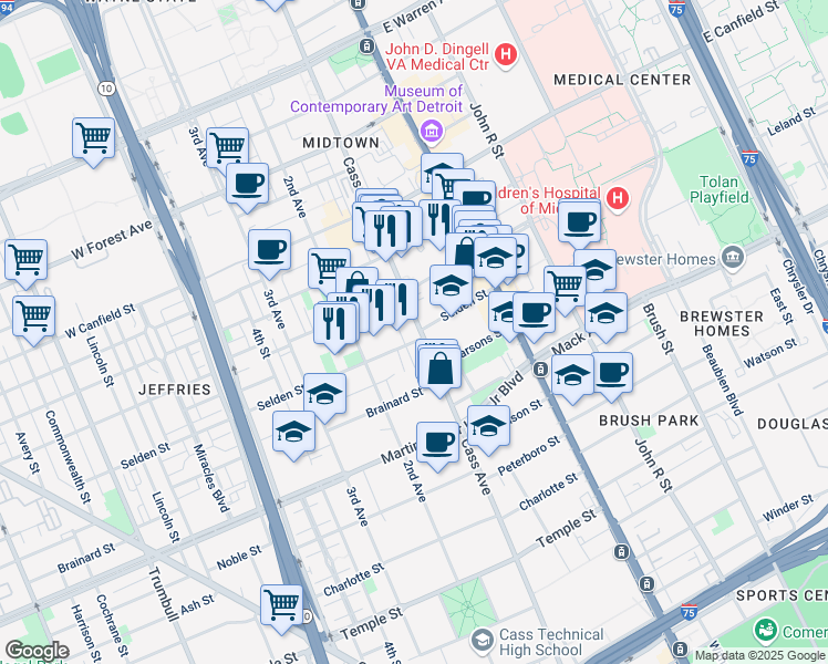 map of restaurants, bars, coffee shops, grocery stores, and more near 3901 Cass Avenue in Detroit