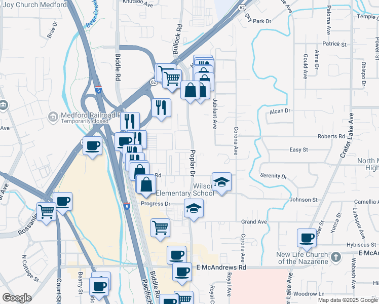 map of restaurants, bars, coffee shops, grocery stores, and more near 1801 Poplar Drive in Medford