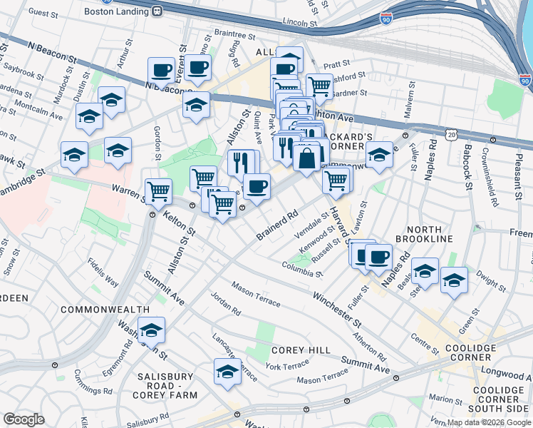 map of restaurants, bars, coffee shops, grocery stores, and more near 65 Brainerd Road in Boston