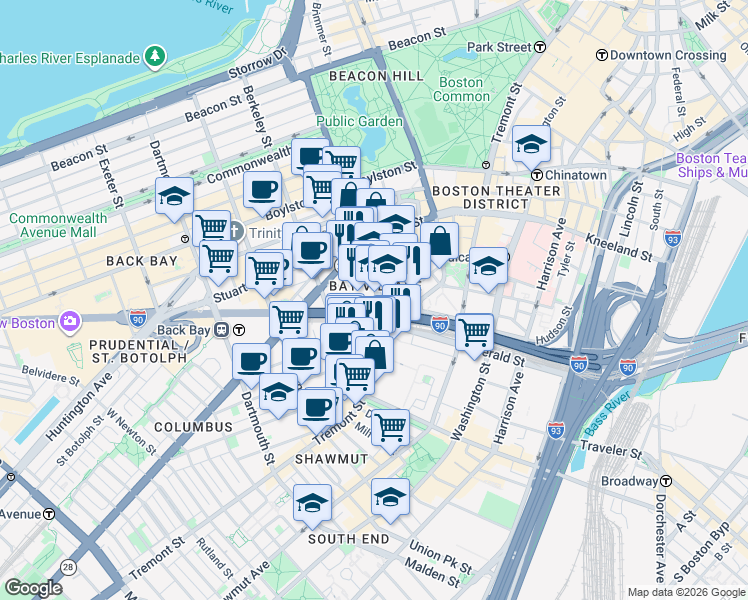 map of restaurants, bars, coffee shops, grocery stores, and more near in Boston
