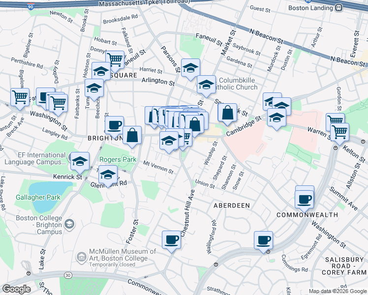 map of restaurants, bars, coffee shops, grocery stores, and more near 20 Chestnut Hill Avenue in Boston
