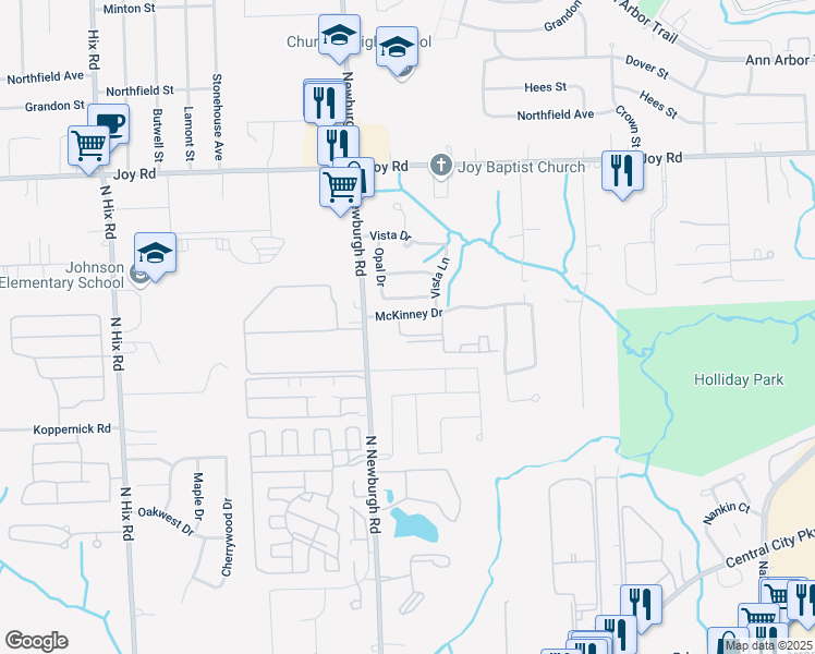 map of restaurants, bars, coffee shops, grocery stores, and more near 37115 McKinney Avenue in Westland