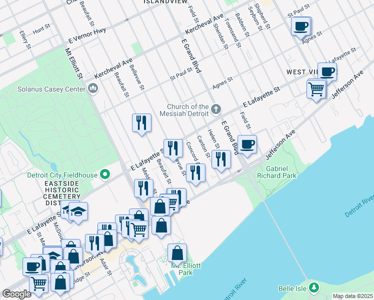 map of restaurants, bars, coffee shops, grocery stores, and more near 599 Concord Avenue in Detroit