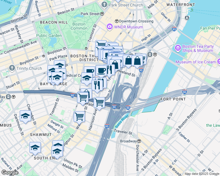 map of restaurants, bars, coffee shops, grocery stores, and more near 88 Hudson Street in Boston