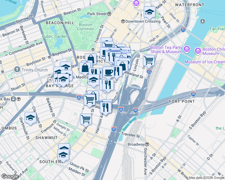 map of restaurants, bars, coffee shops, grocery stores, and more near 232 Harrison Avenue in Boston