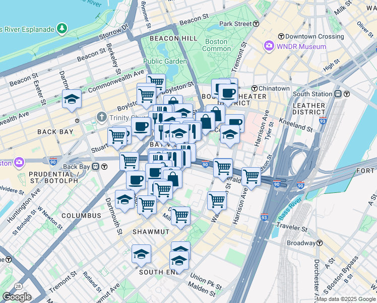 map of restaurants, bars, coffee shops, grocery stores, and more near 1 Bay Street in Boston
