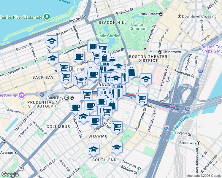 map of restaurants, bars, coffee shops, grocery stores, and more near in Boston