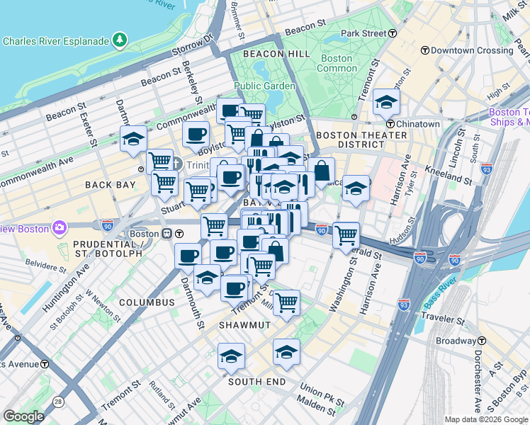 map of restaurants, bars, coffee shops, grocery stores, and more near in Boston