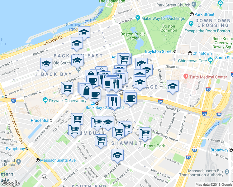 map of restaurants, bars, coffee shops, grocery stores, and more near Massachusetts Turnpike in Boston