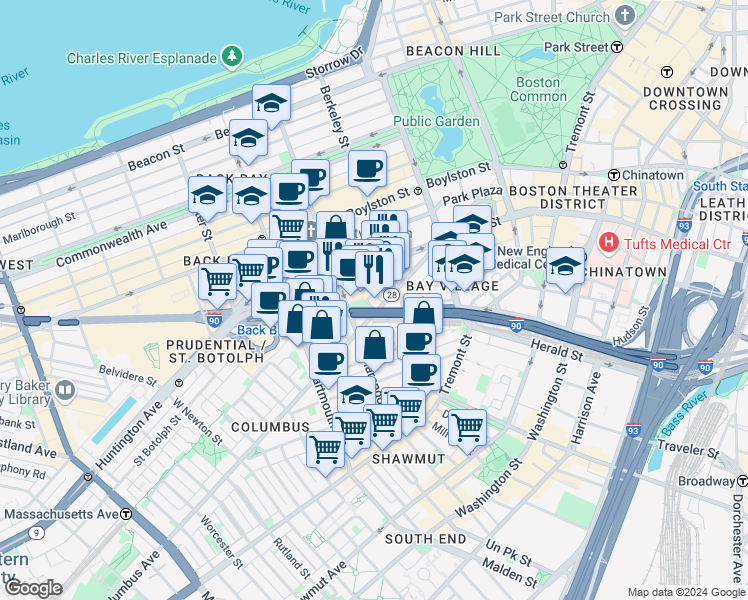 map of restaurants, bars, coffee shops, grocery stores, and more near 2804 Cahners Place in Boston