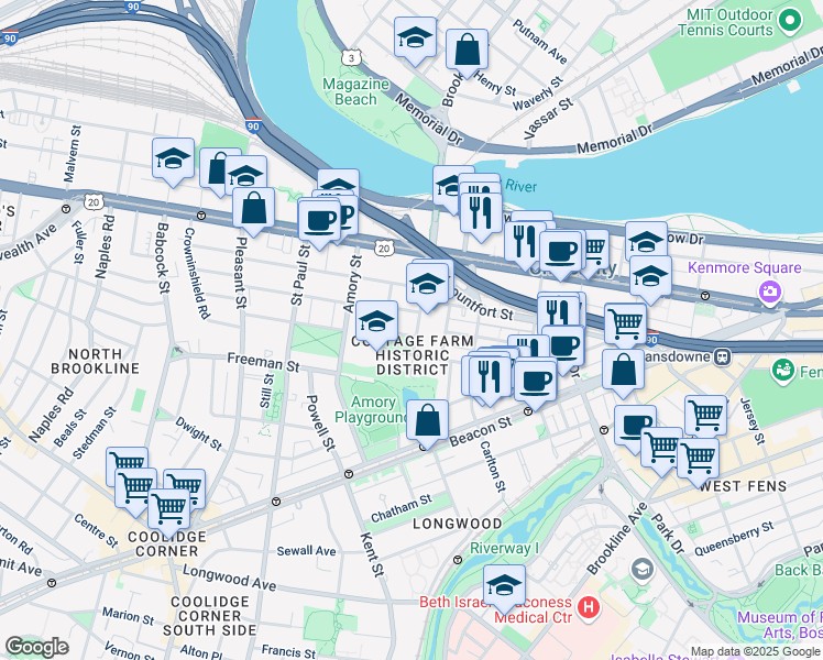 map of restaurants, bars, coffee shops, grocery stores, and more near in Brookline