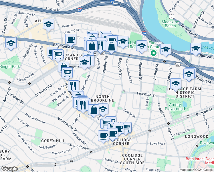 map of restaurants, bars, coffee shops, grocery stores, and more near in Brookline