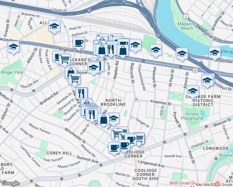 map of restaurants, bars, coffee shops, grocery stores, and more near in Brookline
