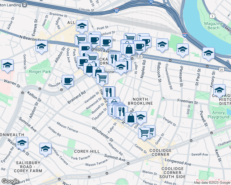 map of restaurants, bars, coffee shops, grocery stores, and more near 112 Thorndike Street in Brookline