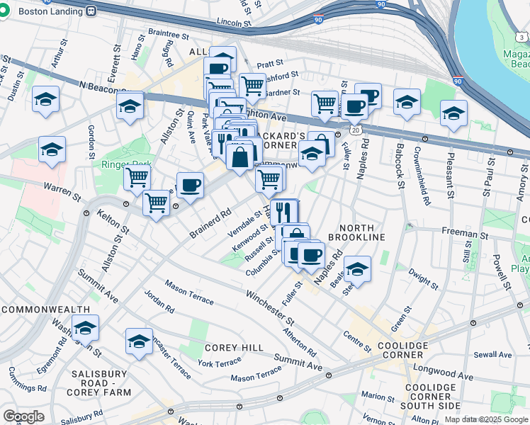 map of restaurants, bars, coffee shops, grocery stores, and more near 16 Verndale Street in Brookline