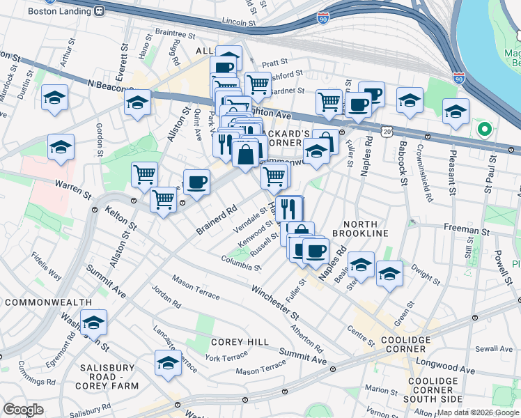 map of restaurants, bars, coffee shops, grocery stores, and more near 16 Verndale Street in Brookline