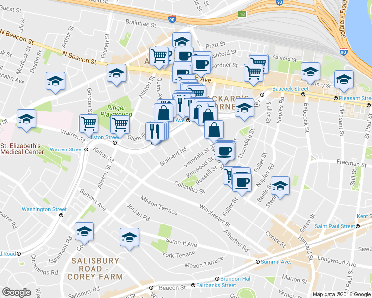 map of restaurants, bars, coffee shops, grocery stores, and more near 36 Brainerd Rd in Allston