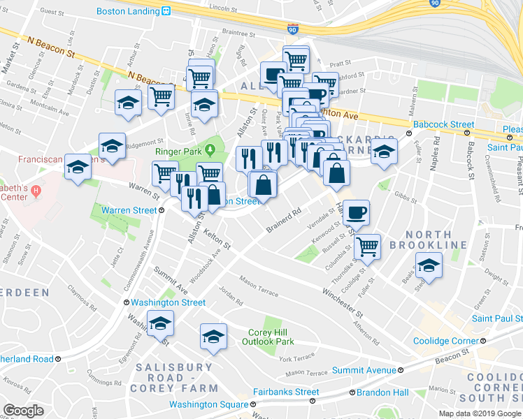 map of restaurants, bars, coffee shops, grocery stores, and more near 1322 Commonwealth Avenue in Boston