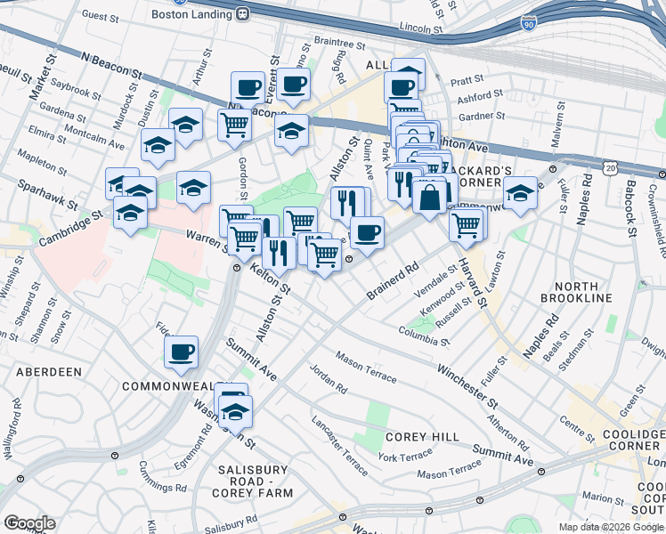 map of restaurants, bars, coffee shops, grocery stores, and more near 1348 Commonwealth Avenue in Boston