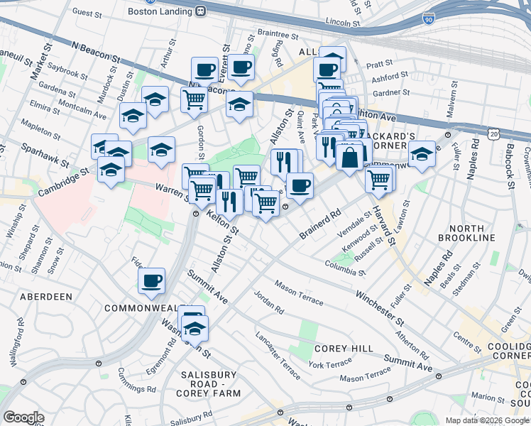 map of restaurants, bars, coffee shops, grocery stores, and more near 1348 Commonwealth Avenue in Boston