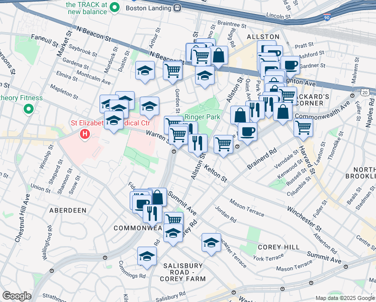 map of restaurants, bars, coffee shops, grocery stores, and more near 164 Kelton Street in Boston