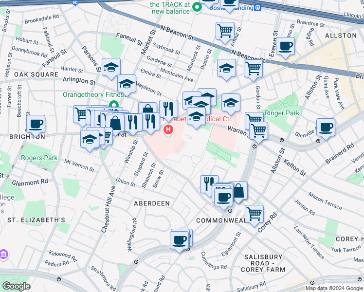 map of restaurants, bars, coffee shops, grocery stores, and more near 181 Washington Street in Boston