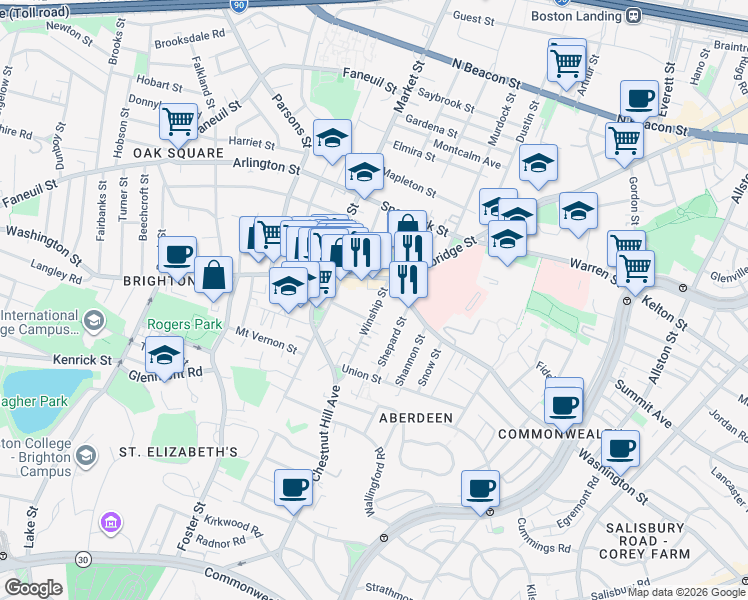 map of restaurants, bars, coffee shops, grocery stores, and more near 18 Winship Street in Boston