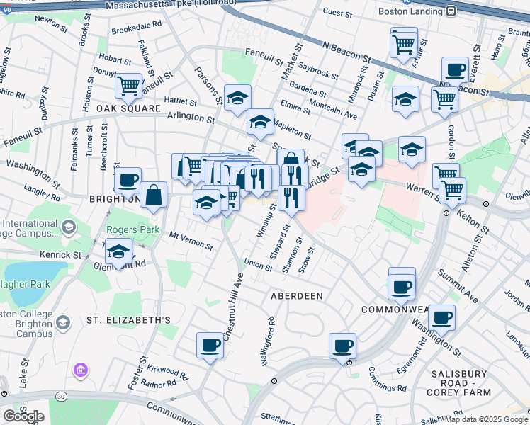 map of restaurants, bars, coffee shops, grocery stores, and more near 18 Winship Street in Boston