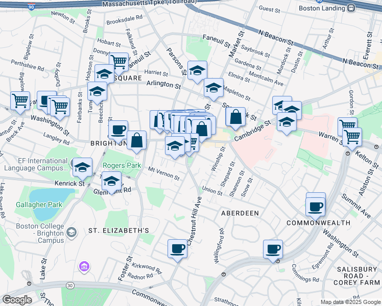 map of restaurants, bars, coffee shops, grocery stores, and more near 30 Chestnut Hill Avenue in Boston