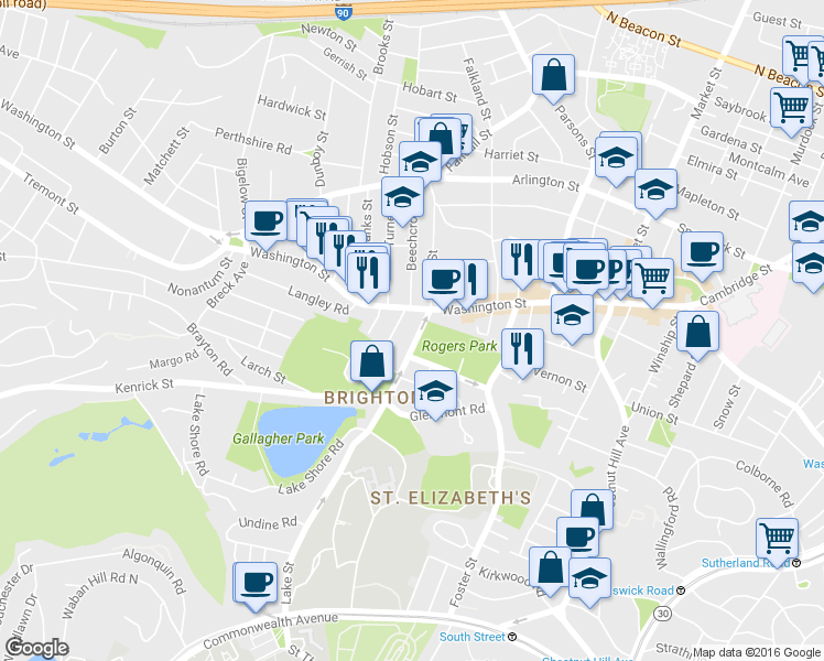 map of restaurants, bars, coffee shops, grocery stores, and more near 226 Lake Street in Boston
