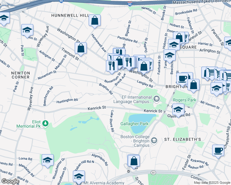 map of restaurants, bars, coffee shops, grocery stores, and more near 53 Brayton Road in Boston