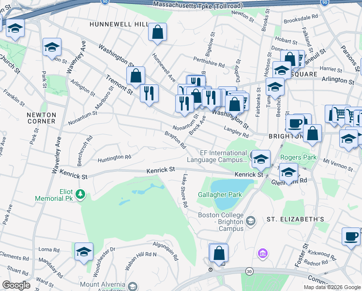 map of restaurants, bars, coffee shops, grocery stores, and more near 135 Huntington Road in Boston