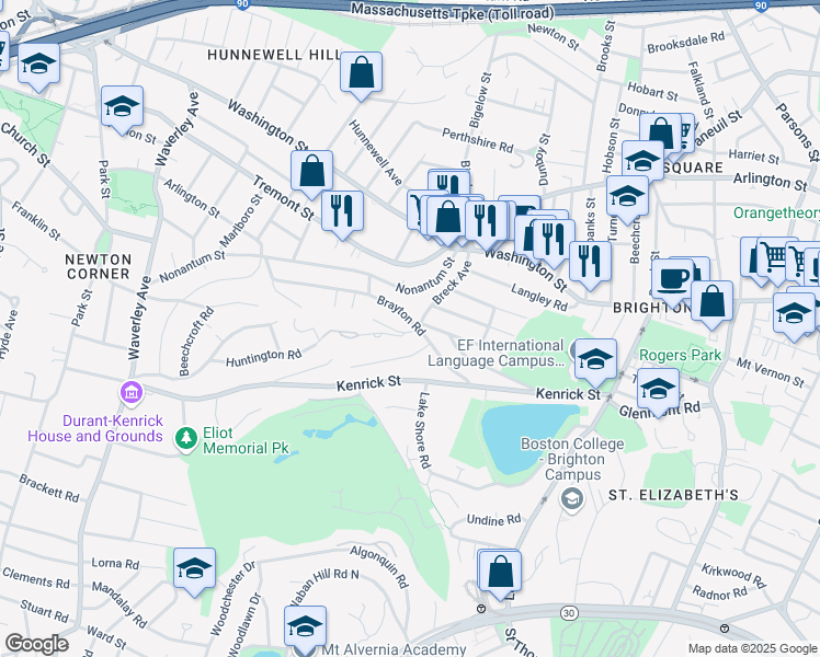 map of restaurants, bars, coffee shops, grocery stores, and more near 135 Huntington Road in Boston
