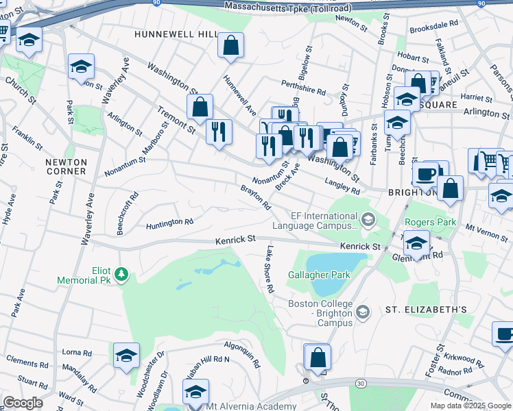 map of restaurants, bars, coffee shops, grocery stores, and more near 135 Huntington Road in Boston