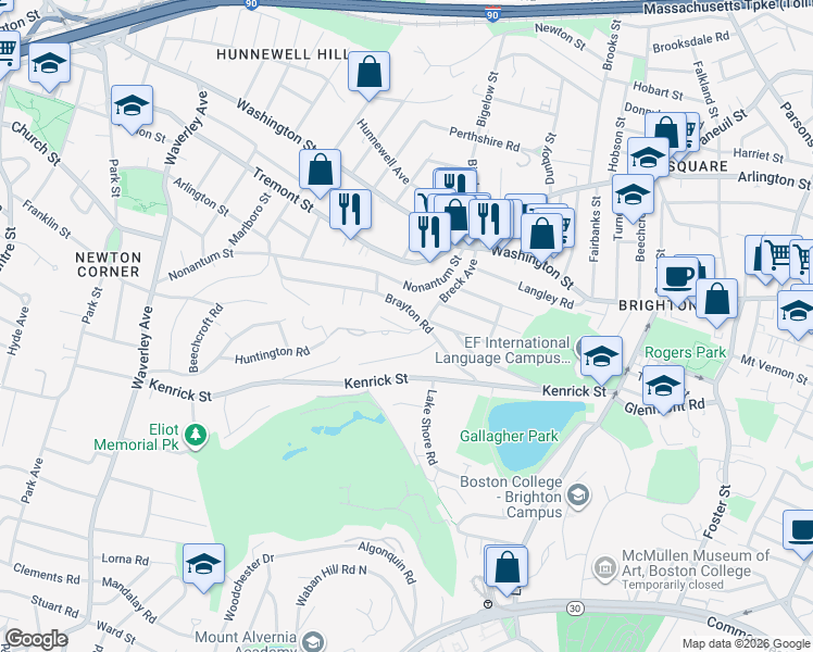 map of restaurants, bars, coffee shops, grocery stores, and more near 135 Huntington Road in Boston