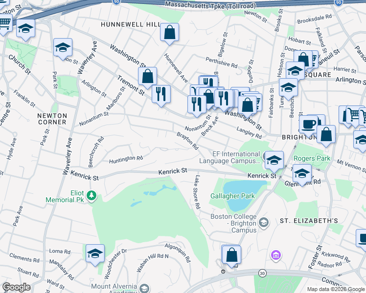map of restaurants, bars, coffee shops, grocery stores, and more near 135 Huntington Road in Boston