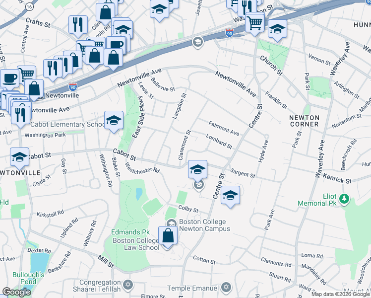 map of restaurants, bars, coffee shops, grocery stores, and more near 121 Claremont Street in Newton