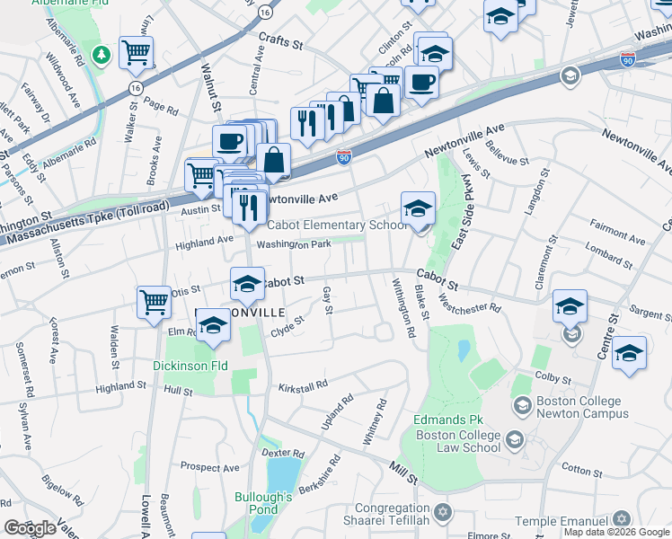 map of restaurants, bars, coffee shops, grocery stores, and more near 288 Cabot Street in Newton