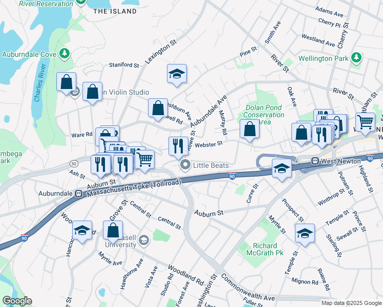 map of restaurants, bars, coffee shops, grocery stores, and more near 66 Rowe Street in Newton