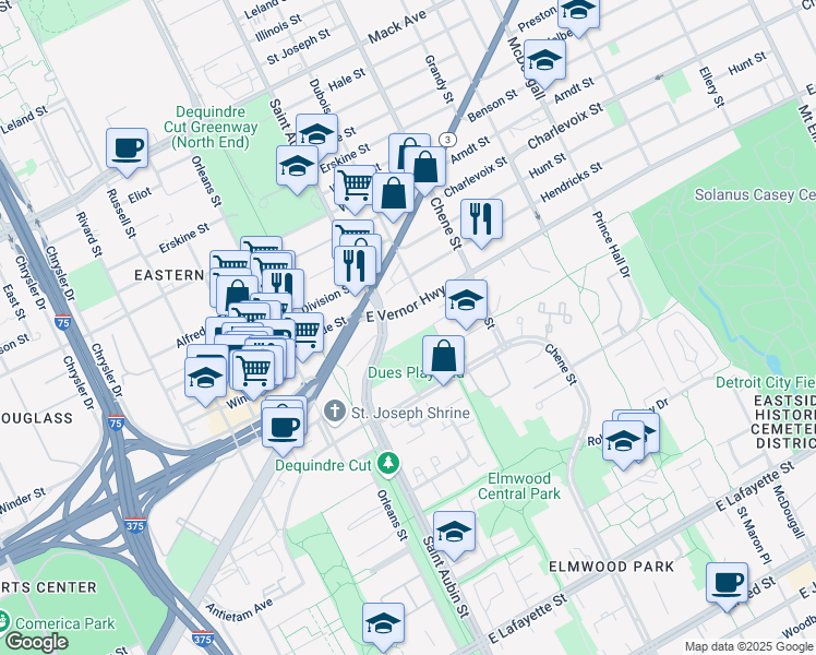 map of restaurants, bars, coffee shops, grocery stores, and more near 2150 East Vernor Highway in Detroit