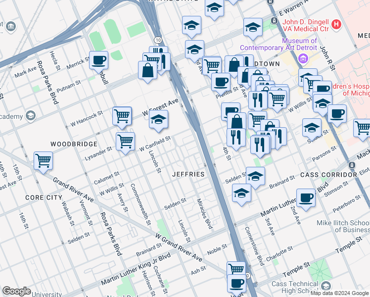 map of restaurants, bars, coffee shops, grocery stores, and more near 37 Temptations Drive in Detroit