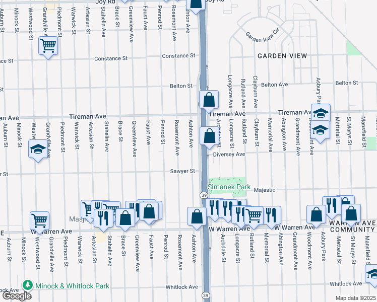map of restaurants, bars, coffee shops, grocery stores, and more near 7658 Ashton Avenue in Detroit