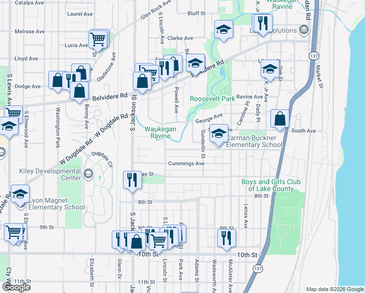 map of restaurants, bars, coffee shops, grocery stores, and more near 701 Helmholz Avenue in Waukegan