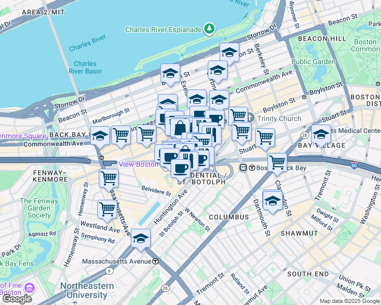 map of restaurants, bars, coffee shops, grocery stores, and more near 780 Boylston Street in Boston