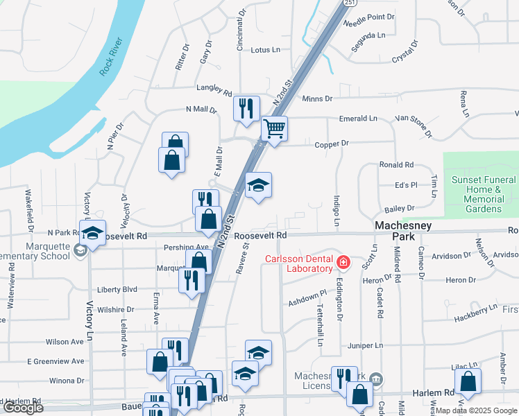 map of restaurants, bars, coffee shops, grocery stores, and more near 8615 North 2nd Street in Machesney Park