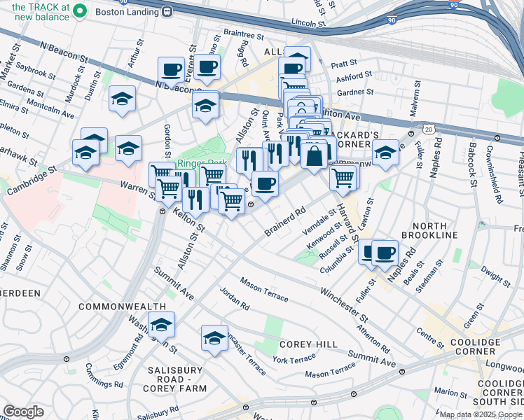 map of restaurants, bars, coffee shops, grocery stores, and more near 1322 Commonwealth Avenue in Boston